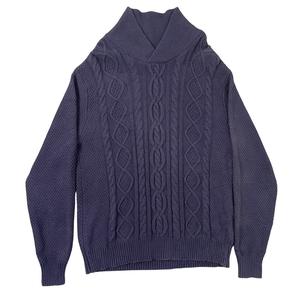 Kallspin Sweater Mens XL Blue Cable‎ Knit Shawl Collar Preppy Academia Old Money